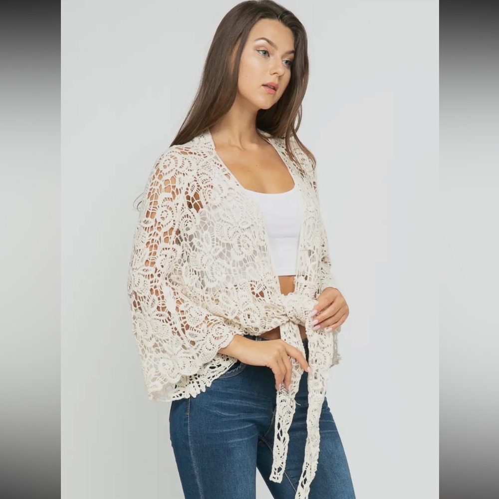 Raj Ivory Cream Lace Crochet Women's Cardigan Shrug Kimono - Picture 3 of 7
